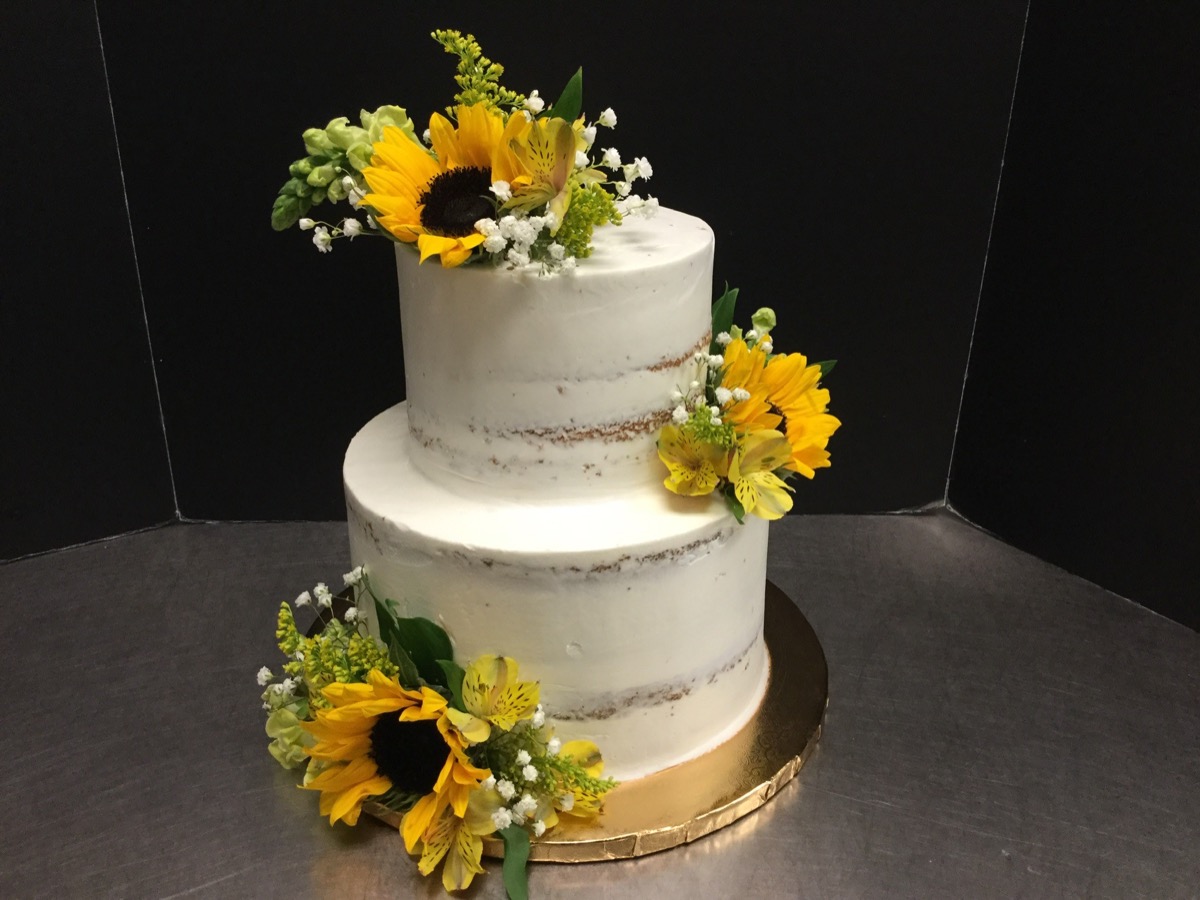 Christine's Cakes & Pastries - 2 Tier-Buttercream Nake Wedding Cake with sunflower accent