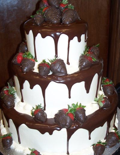 Christine's Cakes & Pastries - 3 Tier-Naked Poured Choclate Wedding Cake with fresh choc dipped strawberries