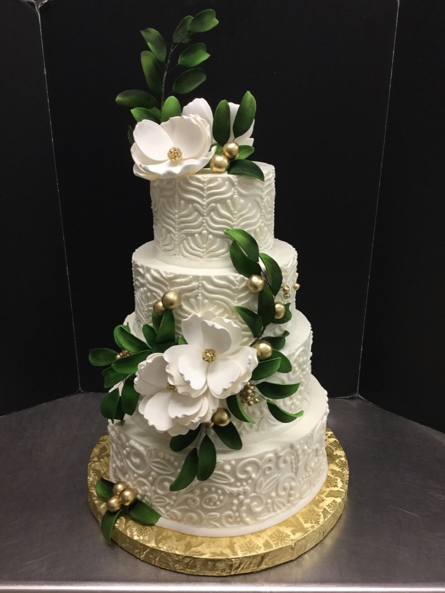 Christine's Cakes & Pastries - 4 Tier-Buttercream Wedding Cake with art deco design (Gum paste flower Accent)