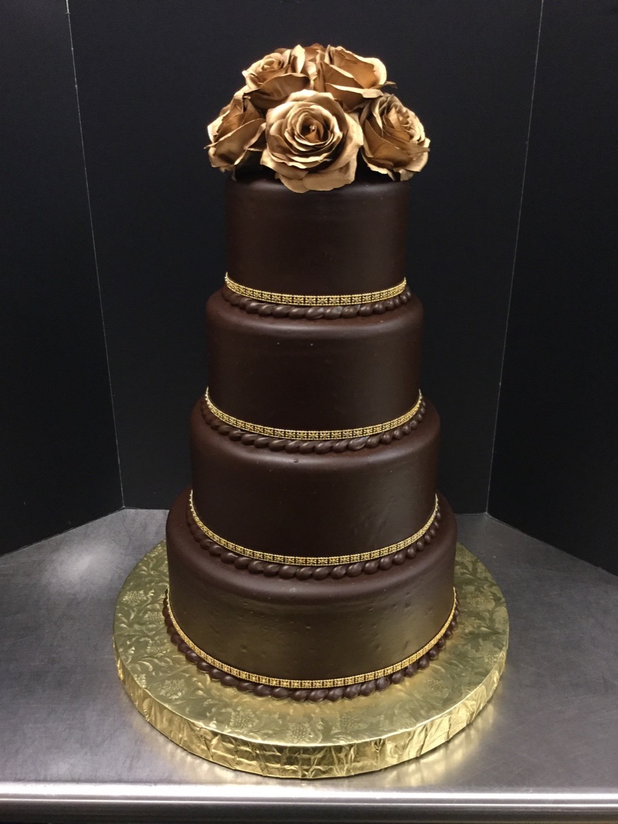 Christine's Cakes & Pastries - 4 Tier-Poured Chocolate Wedding Cake with gold rhinestones (Fake Flower Accent)