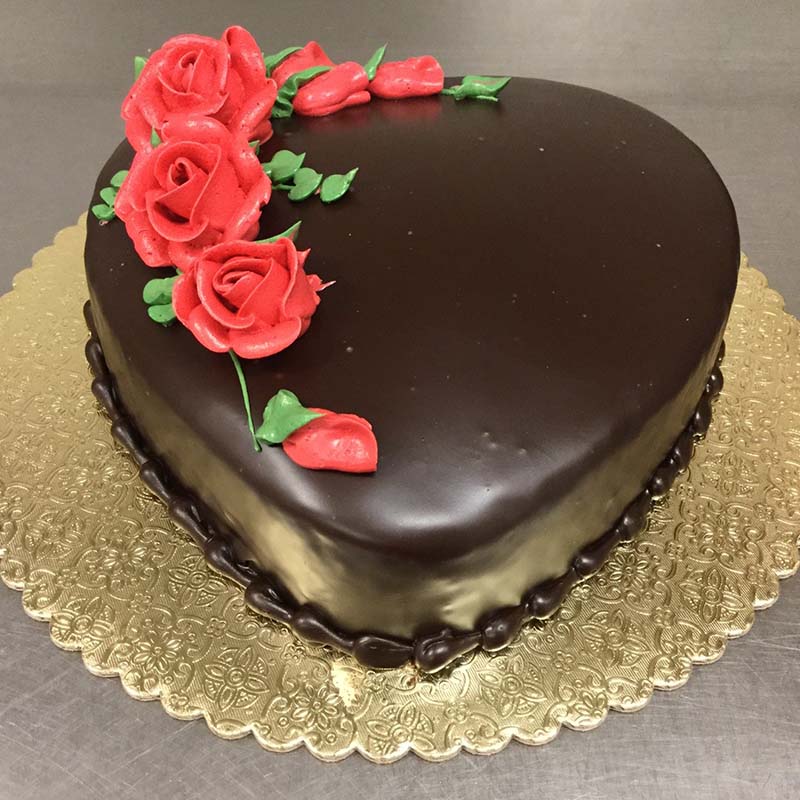 Single Poured Chocolate Cake with red roses Poured Chocolate Heart Cake (Single Layer)